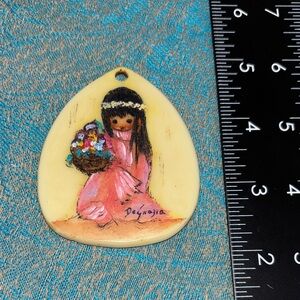 Vintage Ted DeGrazia Hand Painted Pendant Cocopah Native American Girl w/Flowers